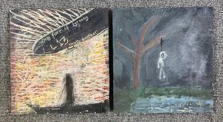 A pair of mixed media paintings by Harry Adams (STOT21stCPlanB) with titles to reverse. Unsigned.