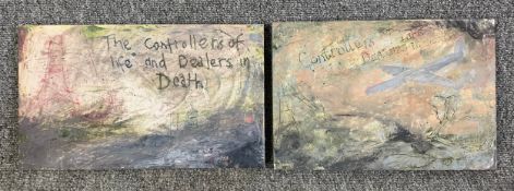 A pair of mixed media paintings by Harry Adams (STOT21stCPlanB) with titles to reverse. Both signed.