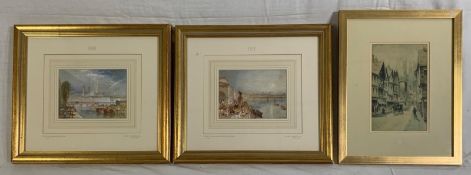 A pair of prints, after Turner, along with a 19th century engraving, street scene. H.33 W.48cm. (