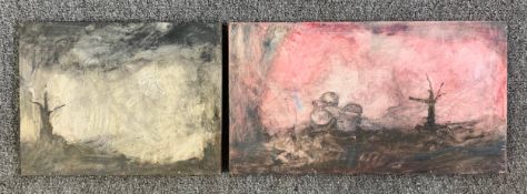 Two mixed media paintings by Harry Adams (STOT21stCPlanB) with titles and monogram/signature to