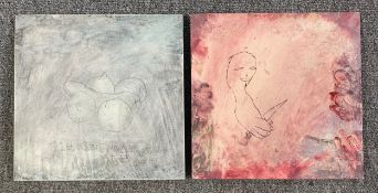 A pair of mixed media paintings by Harry Adams (STOT21stCPlanB) with titles to reverse. One