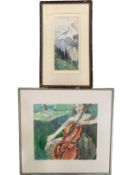 A watercolour on paper, Alpine landscape signed F E Butt and a watercolour of a cello player, both