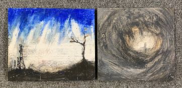 Two mixed media paintings by Harry Adams (STOT21stCPlanB) with titles to reverse. One unsigned. H.30