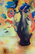 A large acrylic on canvas, still life study of flowers, signed N Armstrong, framed. H.184 W.127cm