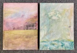 A pair of mixed media paintings by Harry Adams (STOT21stCPlanB) with titles and signed to reverse.
