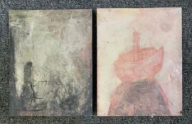 A pair of mixed media paintings by Harry Adams (STOT21stCPlanB) with titles to reverse. One
