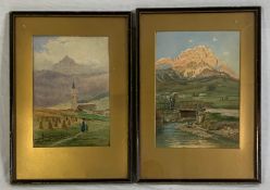 A pair of framed and glazed watercolours, C.1900, alpine scenes, indistinctly signed. H.45cm x W.