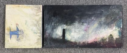 Two mixed media paintings by Harry Adams (STOT21stCPlanB) with titles to reverse. Signed. H.30 W.