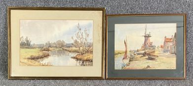 Two Framed and glazed watercolours; 1 indistinctly signed and 1 'Tower Mill, Clay-Next-The-Sea' by