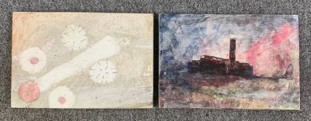 A pair of mixed media paintings by Harry Adams (STOT21stCPlanB) with titles to reverse. One