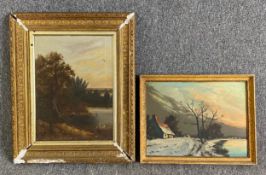 Two oil paintings; one signed E. Denton 1804 in a gilt wood frame and one indistinctly signed with a