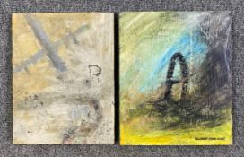 A pair of mixed media paintings by Harry Adams (STOT21stCPlanB) with titles to reverse. Both signed.