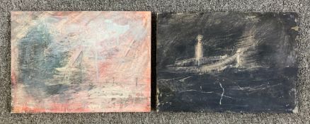 A pair of mixed media paintings by Harry Adams (STOT21stCPlanB) with titles to reverse. Both signed.