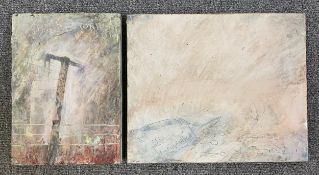 Two mixed media paintings by Harry Adams (STOT21stCPlanB) with titles and monogram/signature to
