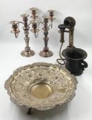 A collection of miscellaneous metal objects to include a pair of silver plated copper candelabras