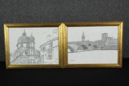 A pair of ink drawings depicting Verona and Venice, in giltwood frames. H.37 W.47cm. (each).