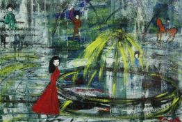 Nicolas Ortis Poucette (1935-2006), oil on paper, figures around a fountain, signed. H.54 W.68cm.