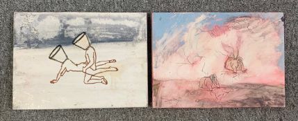 A pair of mixed media paintings by Harry Adams (STOT21stCPlanB) with titles to reverse. Both signed.