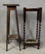 An oak plant stand and an oak umbrella stand with a copper drip tray. H.81cm (largest)