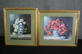 A pair of vintage still life prints and three Impressionist style etchings in a single frame. H.50