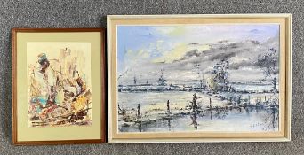 Two signed oil paintings; 1 Sam Kobee and 1 K. Cambrall? 1976. Both framed, 1 glazed. H.59 W.84cm (