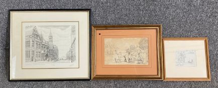 Two signed pencil drawings and one engraving; one limited edition 'Birmingham Victoria Law Courts'