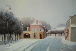 K.B. Hanock (1925-2014), a snowy winter landscape of a street. H.66 W.76cm.