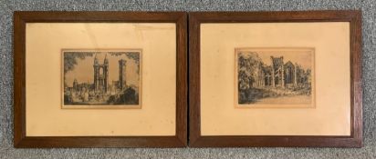 A pair of 19th century etchings, church and abbey ruins, signed A B Gillespie. H.45 W.57cm (each)