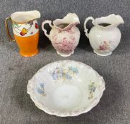 A collection of three 19th century jugs and a wash basin. H.32cm (largest)