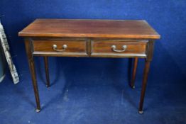 A late 19th century mahogany two drawer writing or side table fitted with frieze drawers. H.77 W.