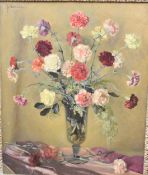A large framed oil on canvas, still life carnations, signed. H.103 W.89cm