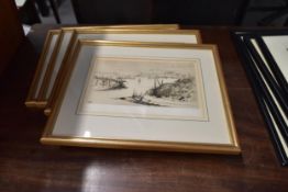 A set of four gilt framed and glazed signed etchings. H.37 W.35cm