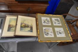 A pair of framed and glazed signed etchings and four Chinese watercolours in a single frame. H.45