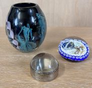 A signed mid century art glass vase, a millefiori paperweight and a hallmarked silver magnifying