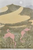 Judy Massingham (1927-1977), a framed and glazed limited edition woodcut, Flamingoes, numbered and