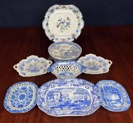 A blue and white Spode platter along with a collection of miscellaneous similar ceramics. Largest