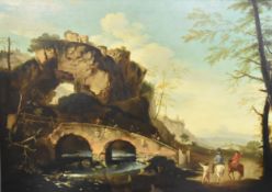 A large 19th century oil on canvas, riders approaching a bridge with ruins in the background. (Re-