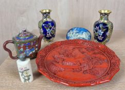 A collection of Oriental items, Imari teapot and vases, bone scent bottle, cinnabar style tray