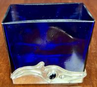 A David Barah silver mounted blue glass vase, marked 925. H.11 W.11 D.6cm