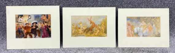 Three unsigned window mounted watercolours, various subjects, unsigned. H.26 W.31cm (largest)