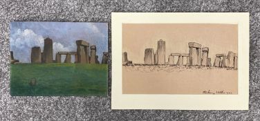 'Stonehenge', a signed oil on board by Vivian Bewick with notes to reverse, along with a signed