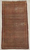 A hand knotted Sarough carpet with repeating boteh motifs on a midnight ground within naturalistic