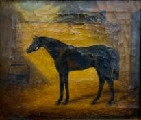 An 18th or early 19th century oil portrait of a horse in a stable, in a gilt frame. Monogrammed