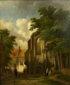 An 18th/19th century oil on board, Dutch village scene, in a gilt gesso frame. H.40 W.35cm