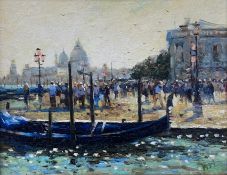 An oil on panel depicting a Venetian scene busy with people, indistinctly signed, in a gilt frame.