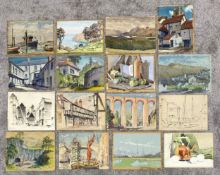A collection of sixteen watercolour and other sketches on paper by Bernard Bowerman. Two signed, and