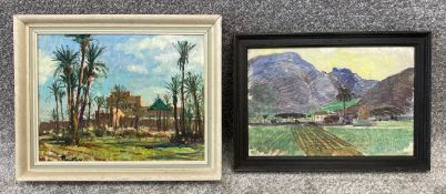 Two indistinctly signed oil paintings on board, Spanish/North African landscapes. Both framed. H.