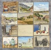 A collection of twelve watercolour, pencil, charcoal and pen sketches by Bernard Bowerman. Mostly