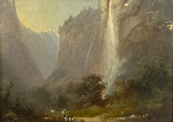 An unsigned late 19th/early 20th century oil painting on board of 'Stauback' Switzerland. Framed and