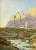 A framed and glazed watercolour on paper depicting a church in a rural mountainous setting.
